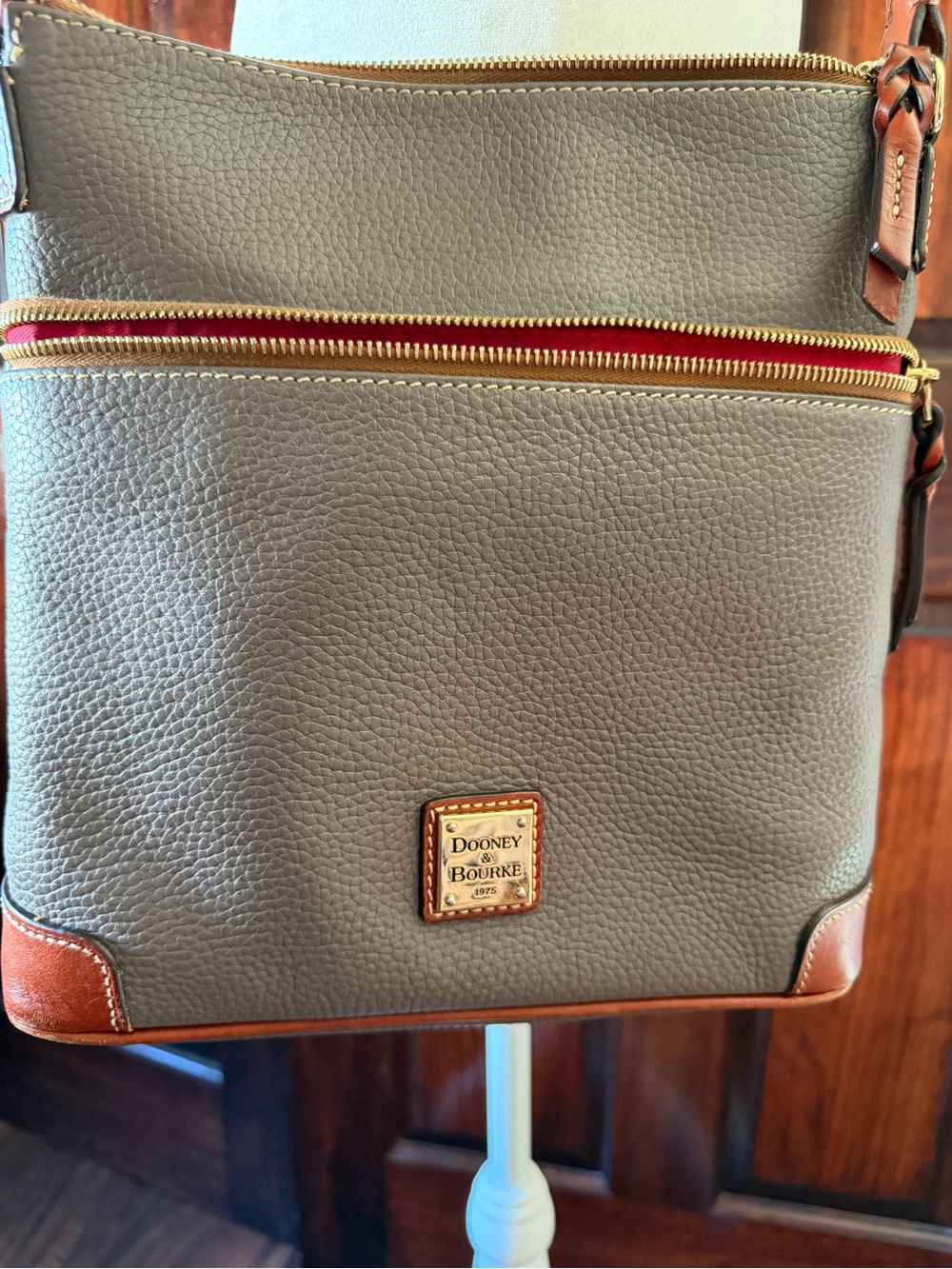 Dooney & Bourke Gray Leather Crossbody with Brown Trim and Gold Hardware